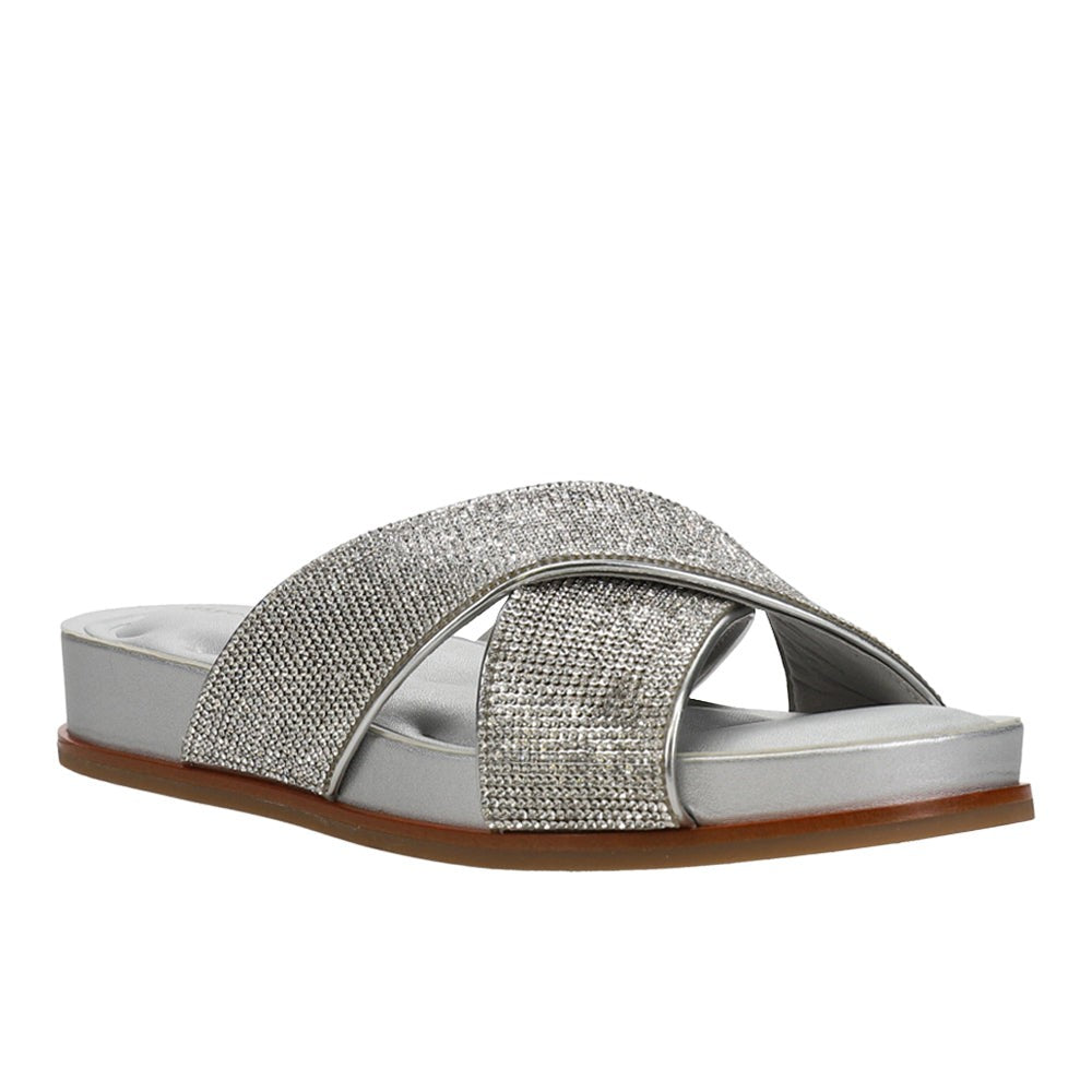 Judy Rhinestone Metallic Slide Sandals