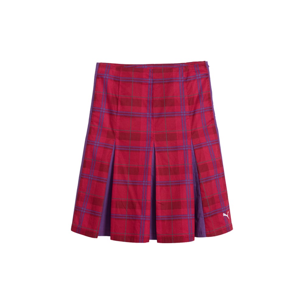 T7 Pleated Tartan Woven Midi Skirt