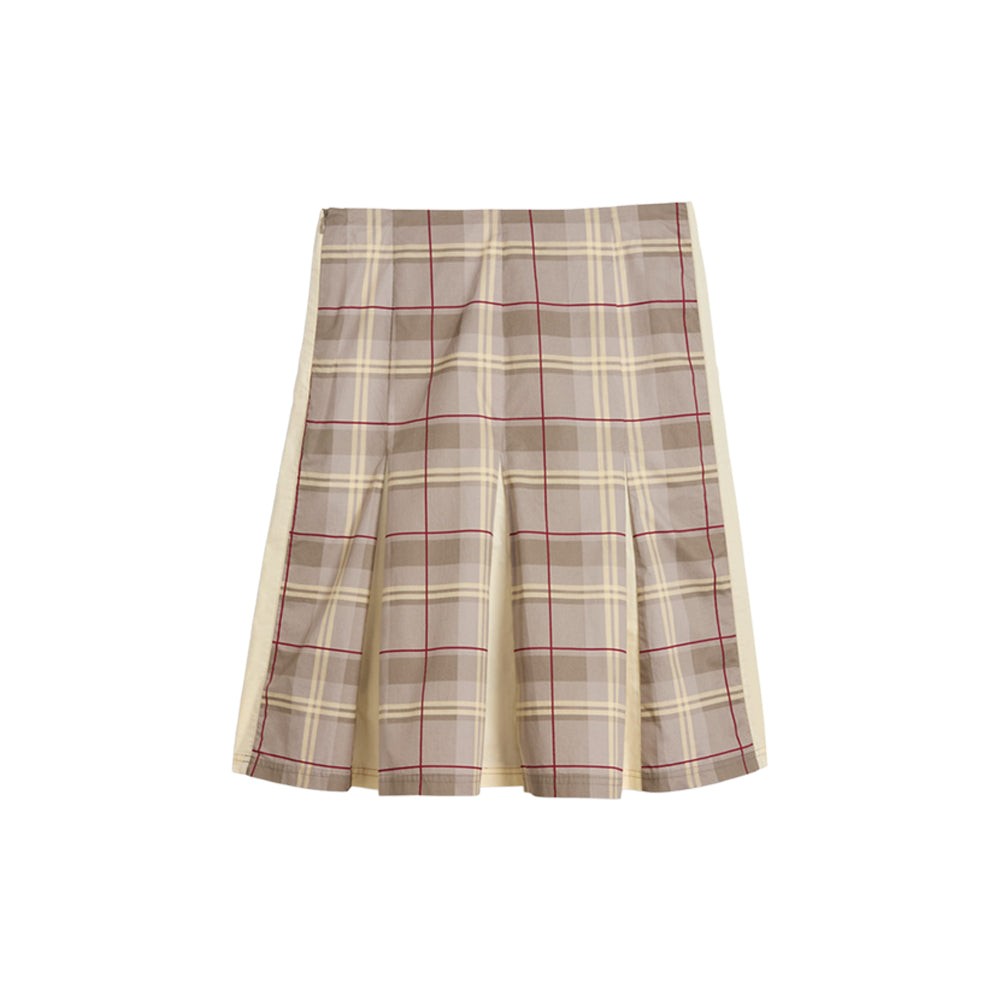 T7 Pleated Tartan Woven Midi Skirt
