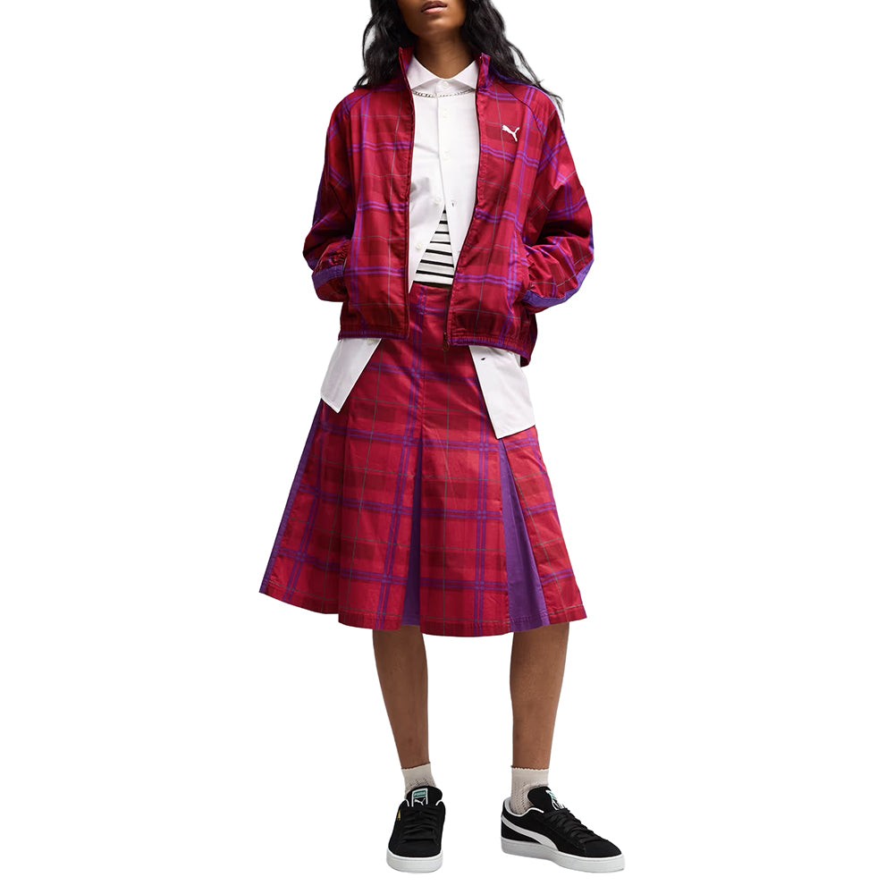 T7 Pleated Tartan Woven Midi Skirt