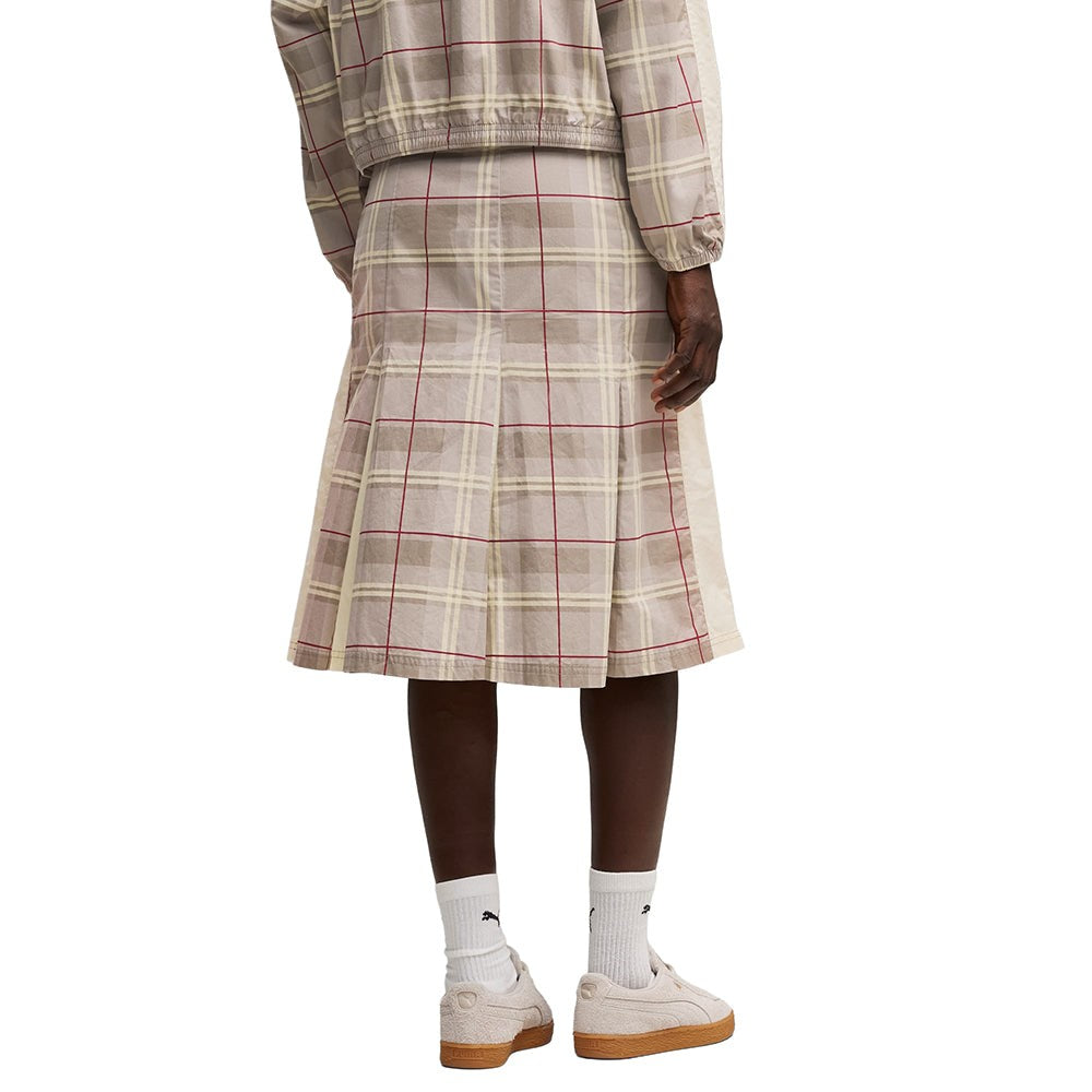 T7 Pleated Tartan Woven Midi Skirt