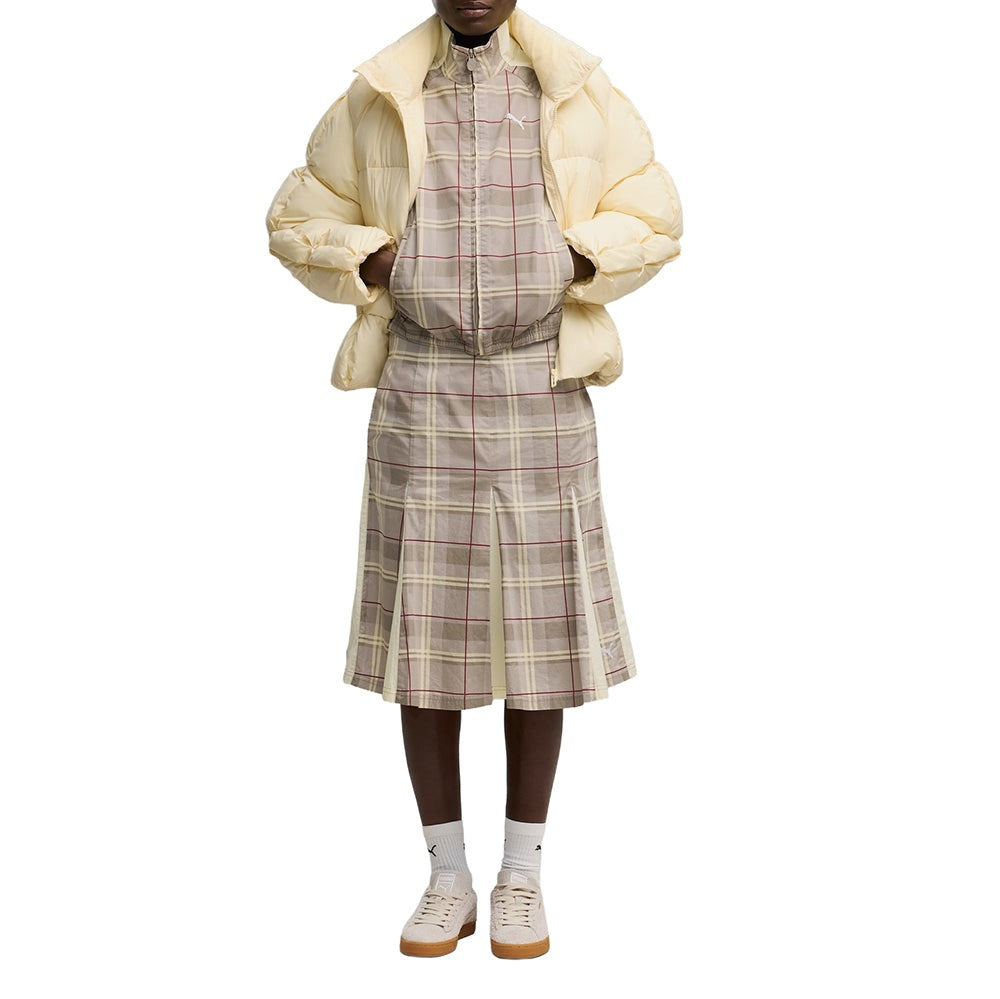 T7 Pleated Tartan Woven Midi Skirt