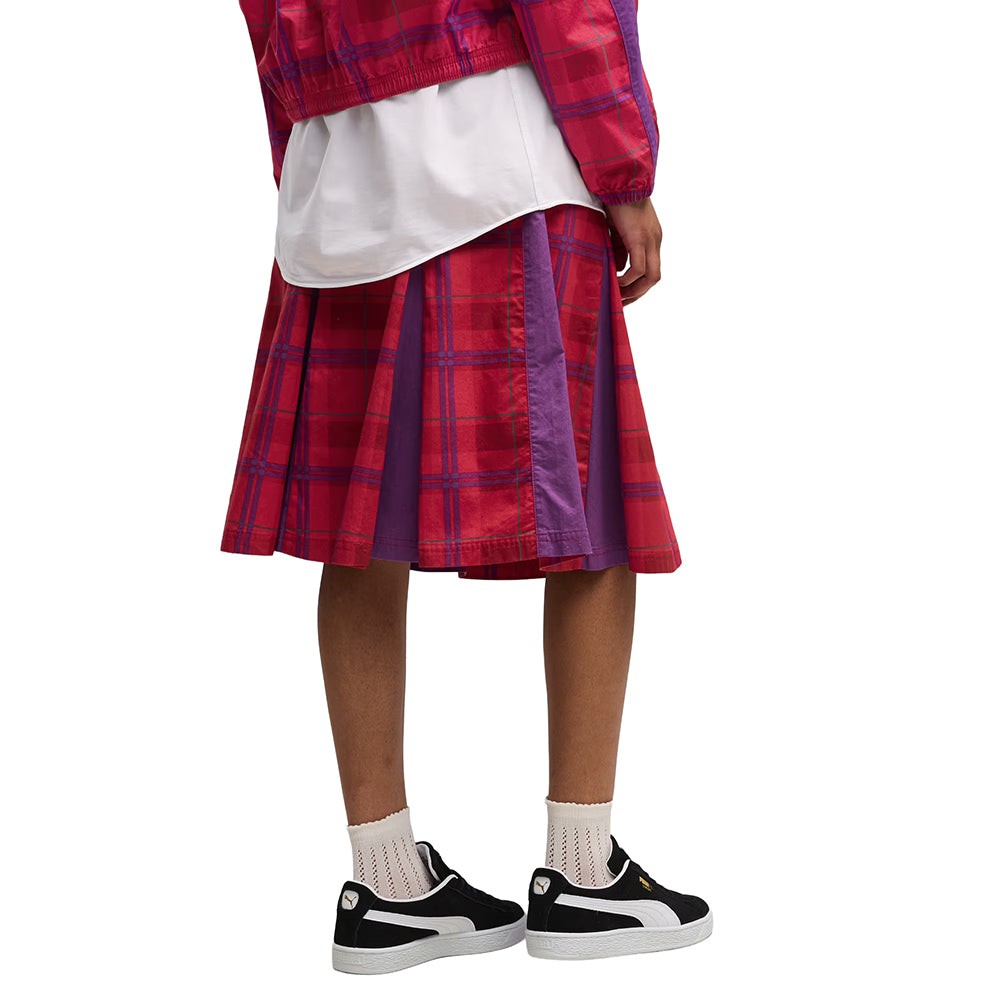 T7 Pleated Tartan Woven Midi Skirt