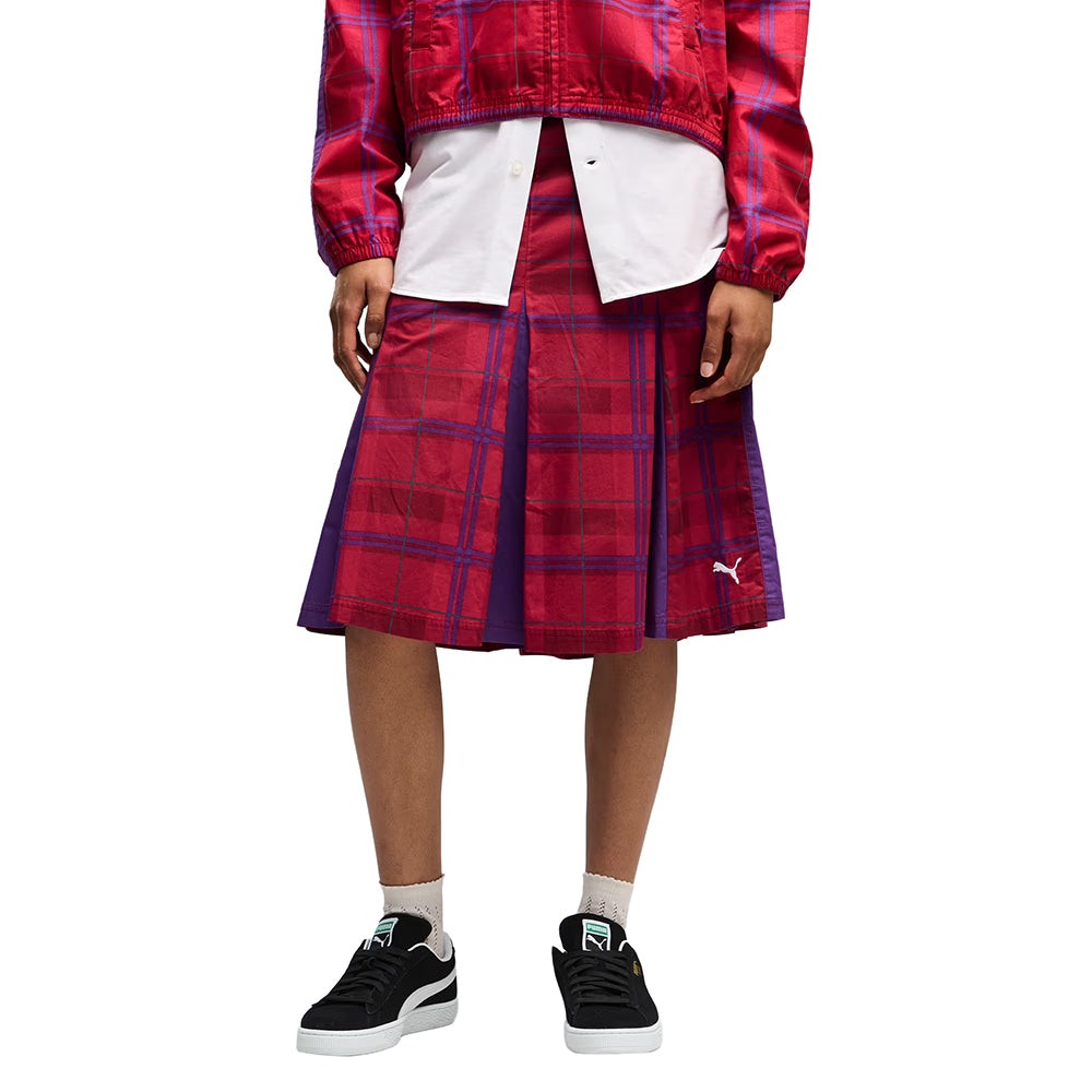 T7 Pleated Tartan Woven Midi Skirt