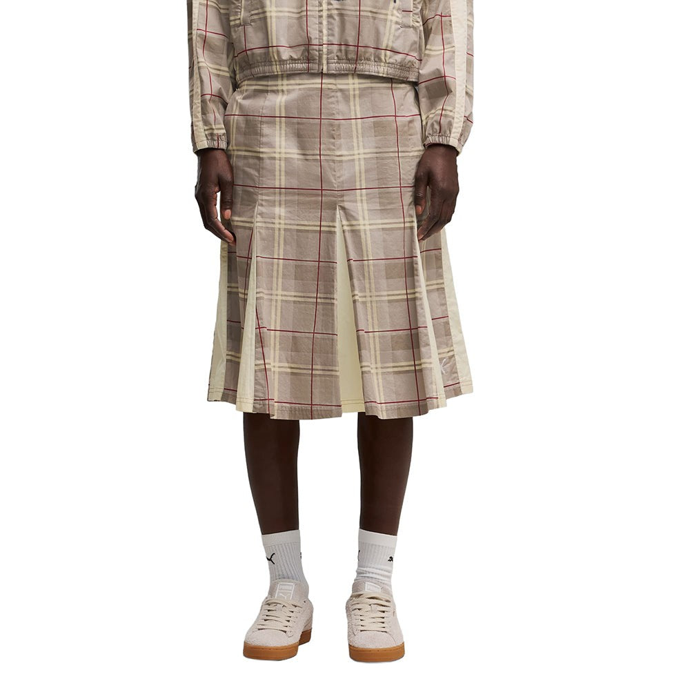 T7 Pleated Tartan Woven Midi Skirt